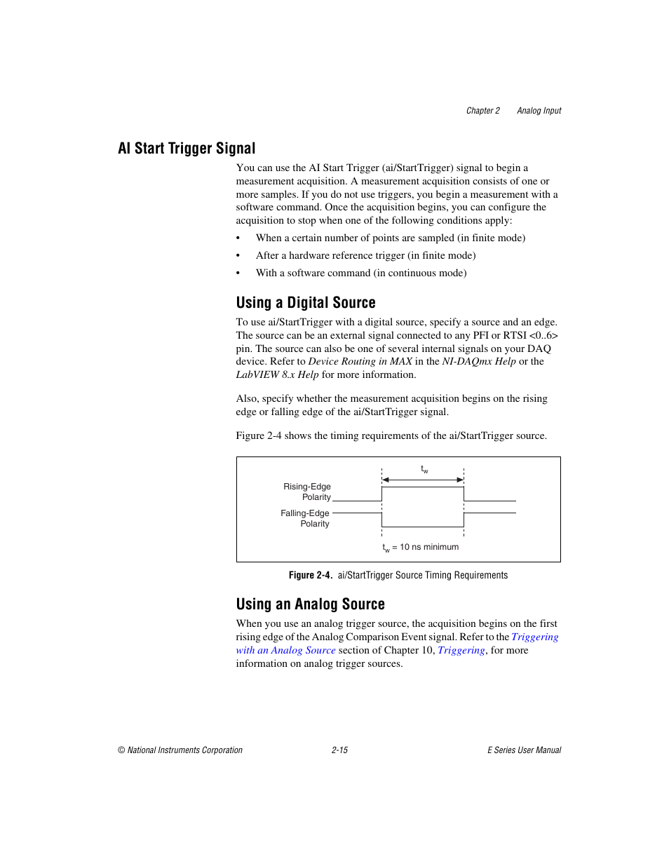 Ai start trigger signal, Using a digital source, Using an analog source | Ai start trigger signal -15 | National Instruments Data Acquisition Device E Series User Manual | Page 48 / 264