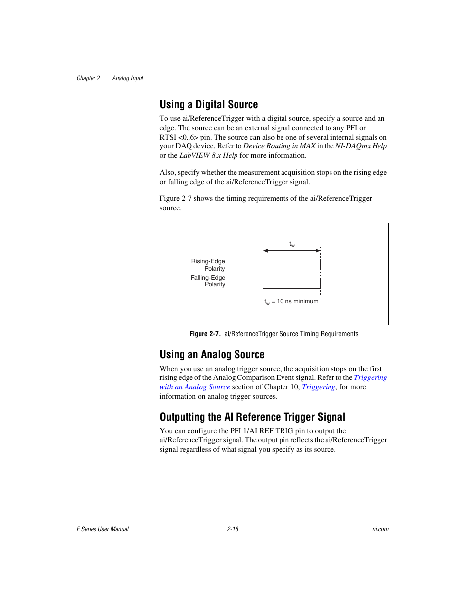 Using a digital source, Using an analog source, Outputting the ai reference trigger signal | National Instruments Data Acquisition Device E Series User Manual | Page 51 / 264