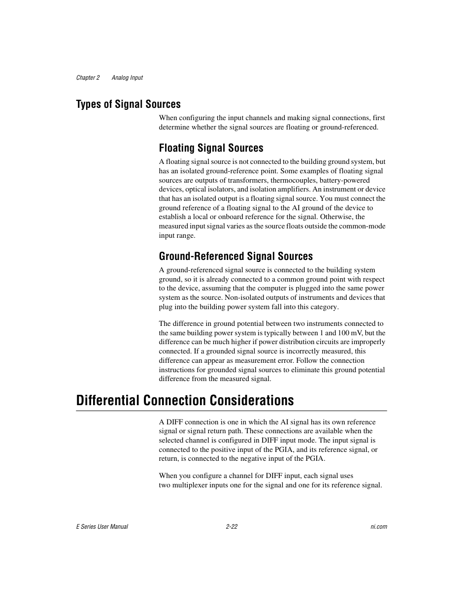 Types of signal sources, Floating signal sources, Ground-referenced signal sources | Differential connection considerations, Types of signal sources -22, Differential connection considerations -22 | National Instruments Data Acquisition Device E Series User Manual | Page 55 / 264