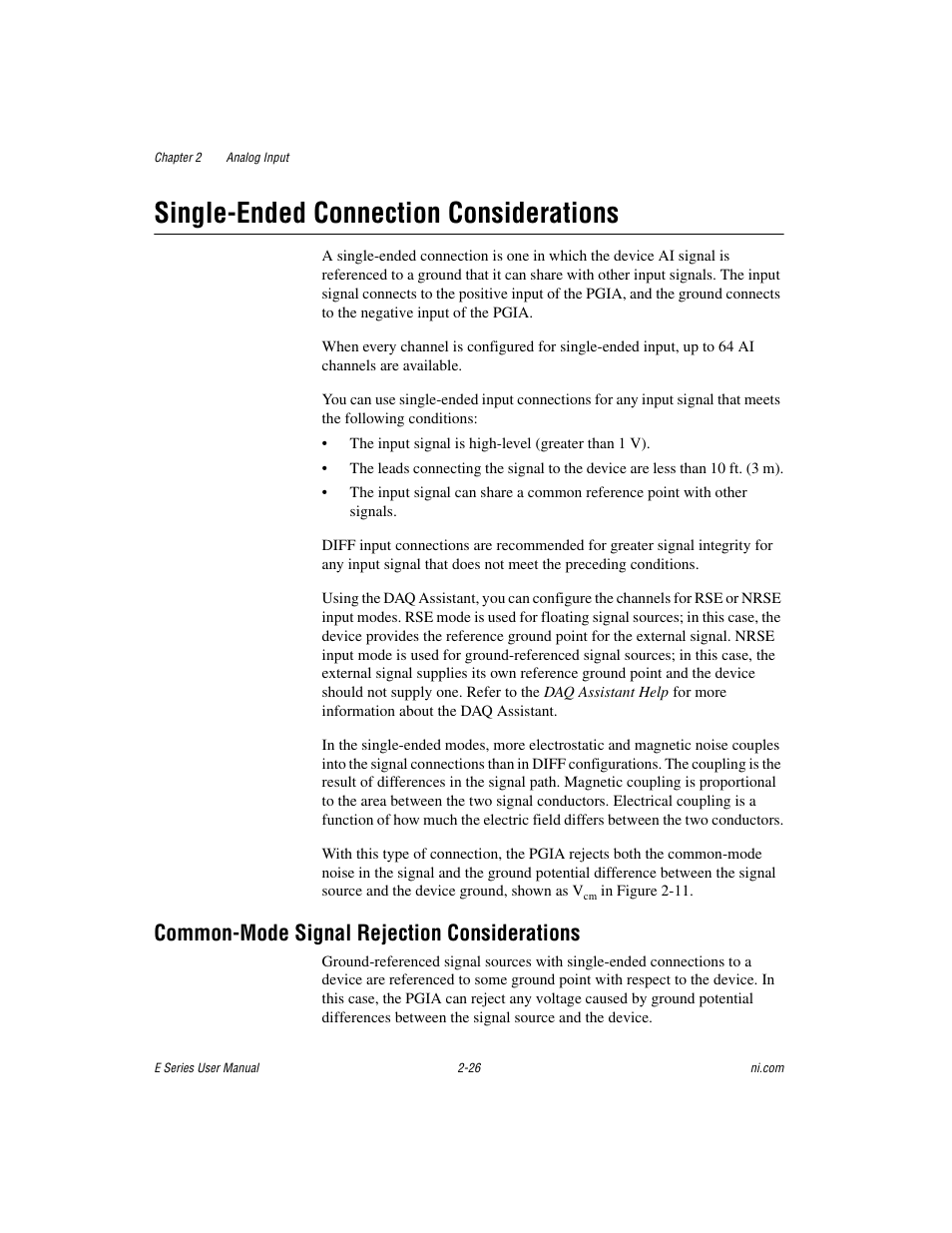 Single-ended connection considerations, Common-mode signal rejection considerations, Single-ended connection considerations -26 | Common-mode signal rejection considerations -26 | National Instruments Data Acquisition Device E Series User Manual | Page 59 / 264