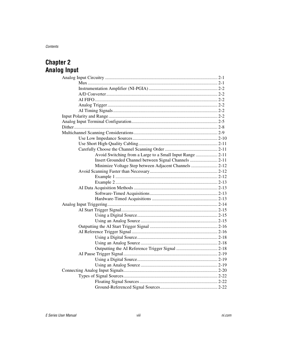 Chapter 2 analog input | National Instruments Data Acquisition Device E Series User Manual | Page 6 / 264