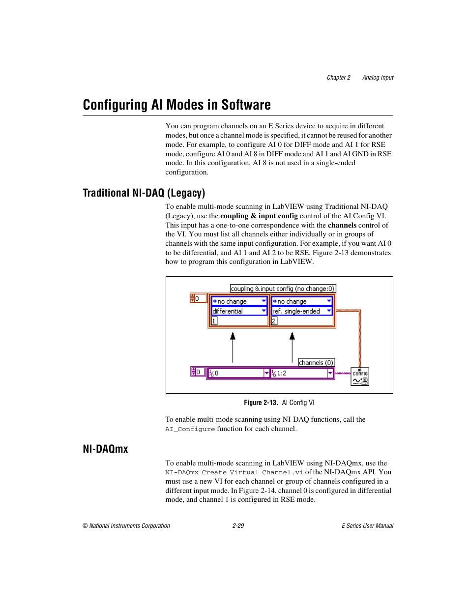Configuring ai modes in software, Traditional ni-daq (legacy), Figure 2-13. ai config vi | Ni-daqmx, Configuring ai modes in software -29, Traditional ni-daq (legacy) -29 ni-daqmx -29 | National Instruments Data Acquisition Device E Series User Manual | Page 62 / 264