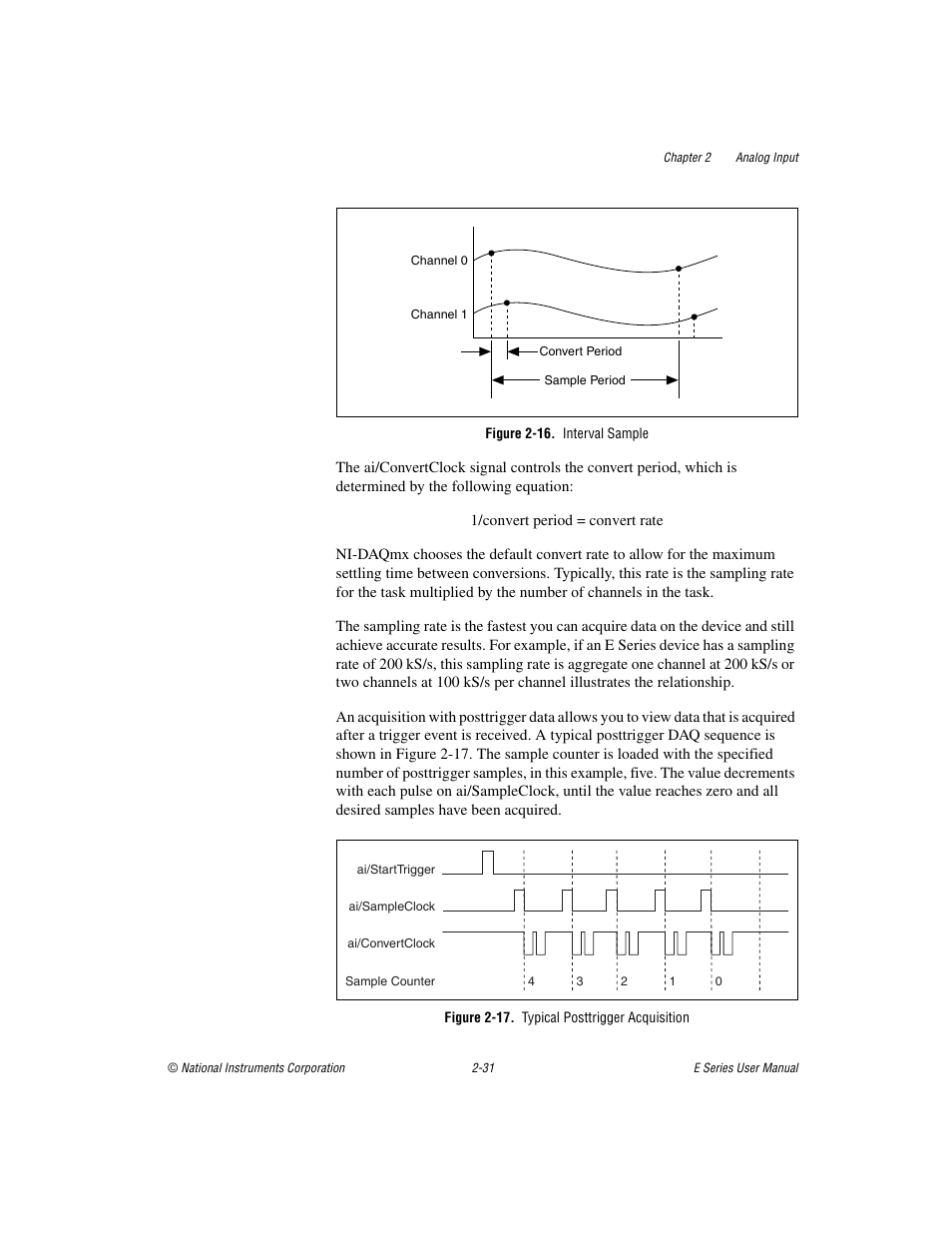 Figure 2-16. interval sample, Figure 2-17. typical posttrigger acquisition | National Instruments Data Acquisition Device E Series User Manual | Page 64 / 264