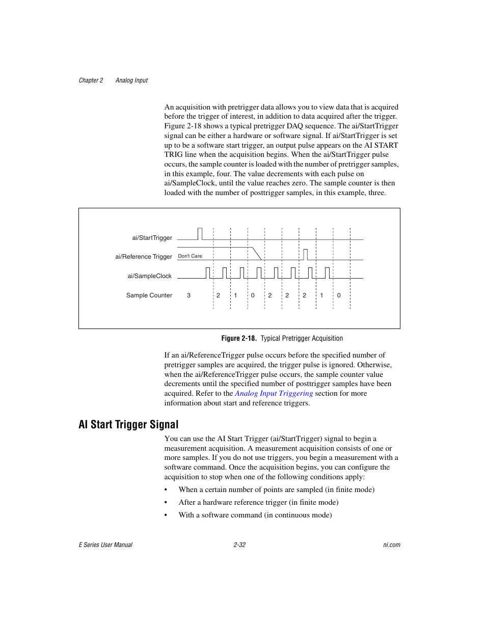 Figure 2-18. typical pretrigger acquisition, Ai start trigger signal, Ai start trigger signal -32 | National Instruments Data Acquisition Device E Series User Manual | Page 65 / 264
