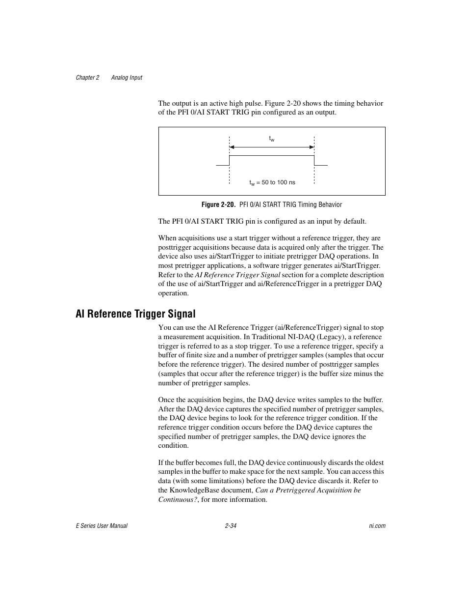 Figure 2-20. pfi 0/ai start trig timing behavior, Ai reference trigger signal, Ai reference trigger signal -34 | National Instruments Data Acquisition Device E Series User Manual | Page 67 / 264