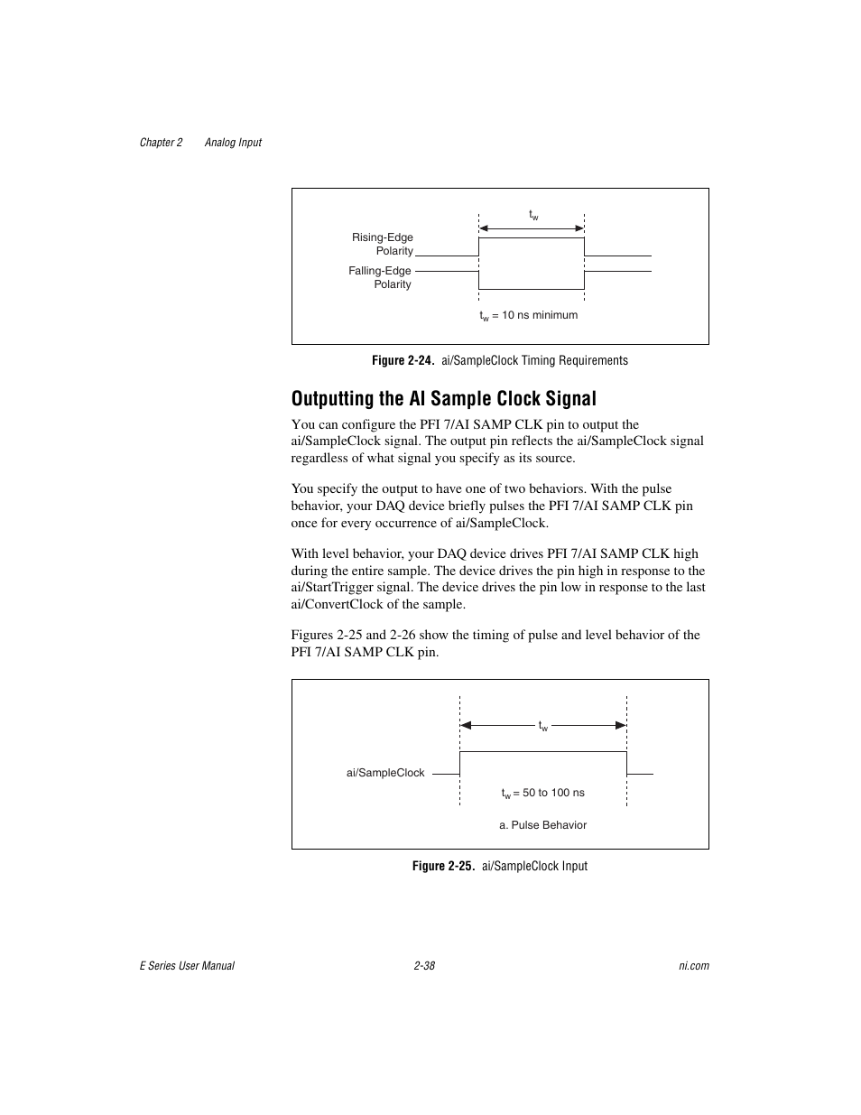 Figure 2-24. ai/sampleclock timing requirements, Outputting the ai sample clock signal, Figure 2-25. ai/sampleclock input | Outputting the ai sample clock signal -38 | National Instruments Data Acquisition Device E Series User Manual | Page 71 / 264