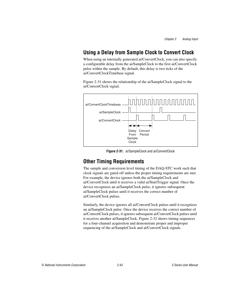 Using a delay from sample clock to convert clock, Figure 2-31. ai/sampleclock and ai/convertclock, Other timing requirements | National Instruments Data Acquisition Device E Series User Manual | Page 76 / 264