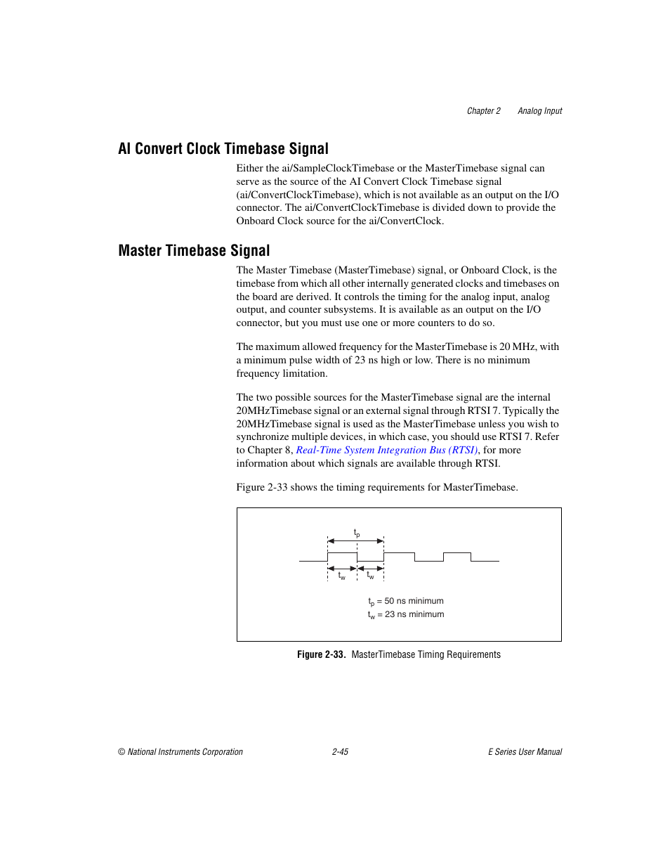 Ai convert clock timebase signal, Master timebase signal, Figure 2-33. mastertimebase timing requirements | National Instruments Data Acquisition Device E Series User Manual | Page 78 / 264