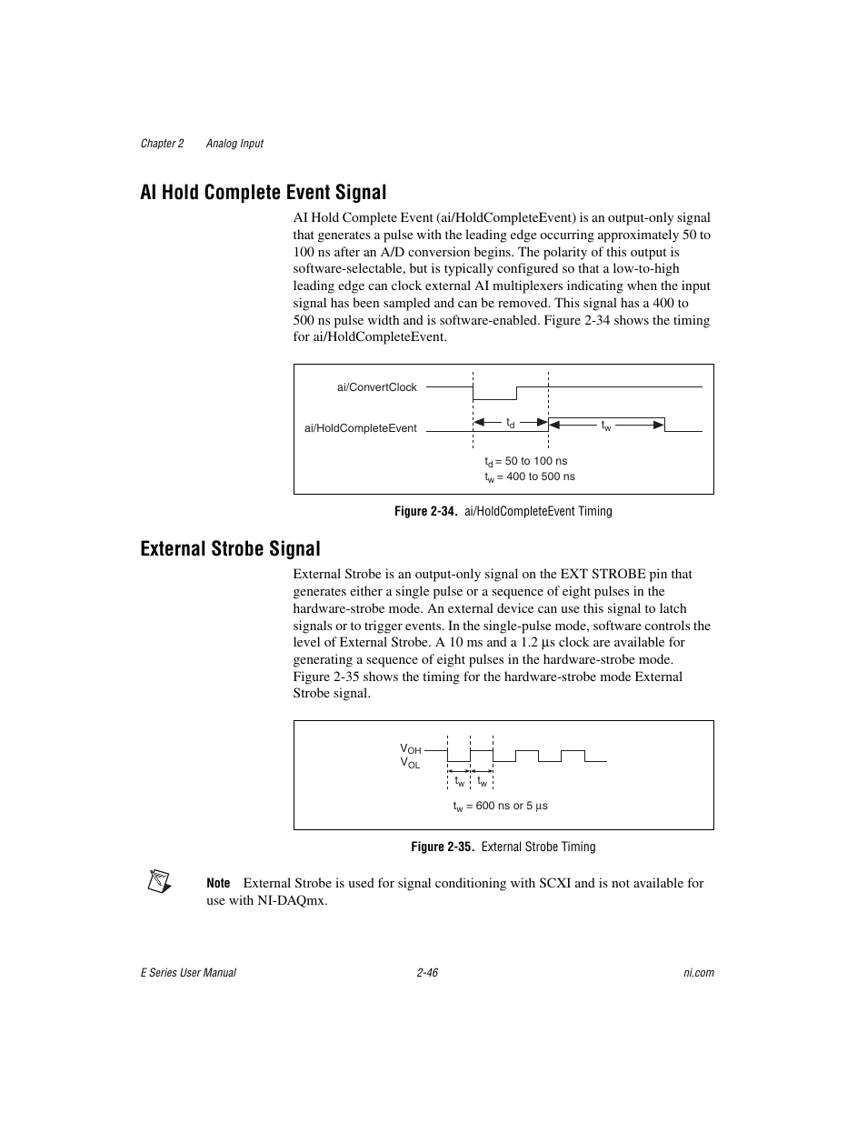 Ai hold complete event signal, Figure 2-34. ai/holdcompleteevent timing, External strobe signal | Figure 2-35. external strobe timing | National Instruments Data Acquisition Device E Series User Manual | Page 79 / 264