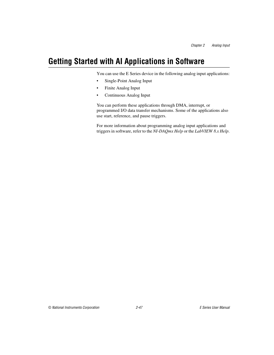 Getting started with ai applications in software | National Instruments Data Acquisition Device E Series User Manual | Page 80 / 264