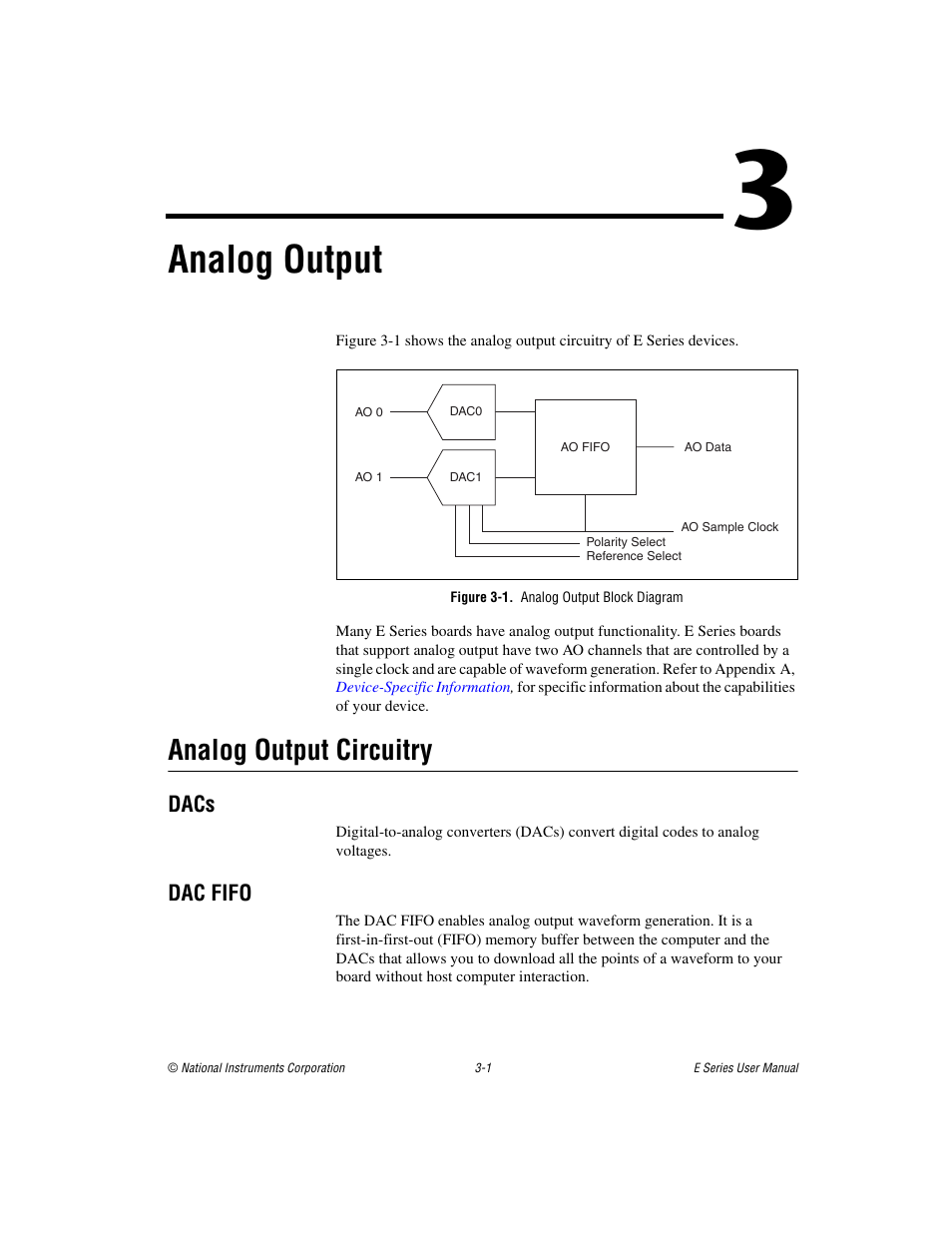 Chapter 3 analog output, Figure 3-1. analog output block diagram, Analog output circuitry | Dacs, Dac fifo, Analog output circuitry -1, Dacs -1 dac fifo -1, Analog output | National Instruments Data Acquisition Device E Series User Manual | Page 81 / 264