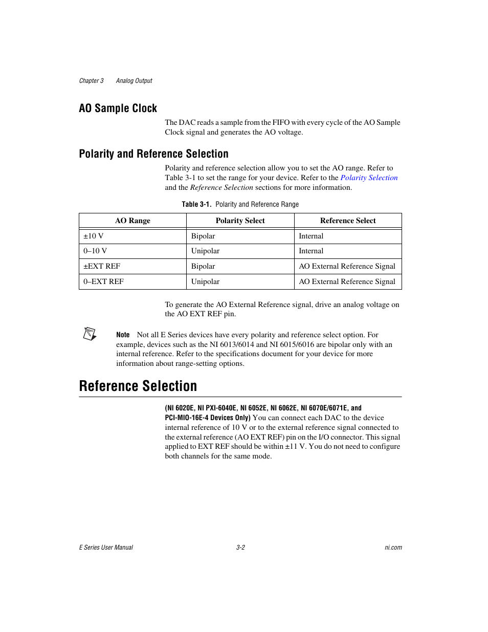Ao sample clock, Polarity and reference selection, Table 3-1. polarity and reference range | Reference selection, Reference selection -2 | National Instruments Data Acquisition Device E Series User Manual | Page 82 / 264