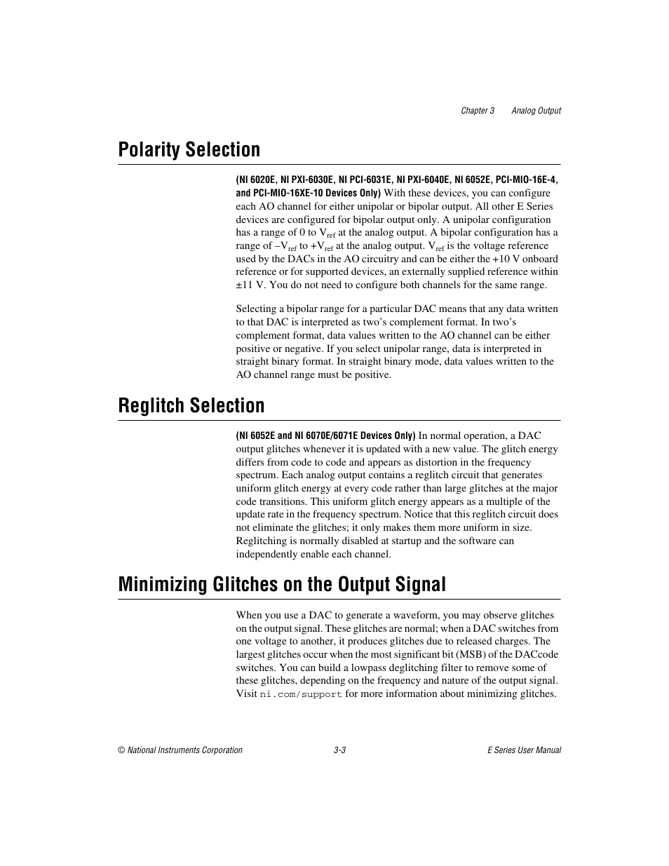 Polarity selection, Reglitch selection, Minimizing glitches on the output signal | National Instruments Data Acquisition Device E Series User Manual | Page 83 / 264