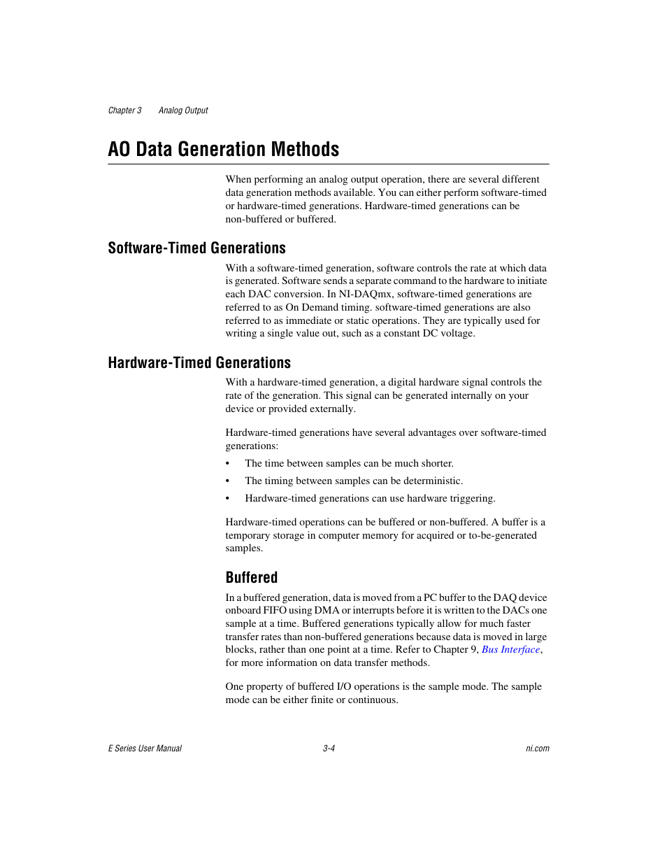 Ao data generation methods, Software-timed generations, Hardware-timed generations | Buffered, Ao data generation methods -4, Buffered -4 | National Instruments Data Acquisition Device E Series User Manual | Page 84 / 264