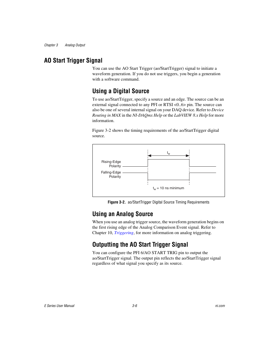 Ao start trigger signal, Using a digital source, Using an analog source | Outputting the ao start trigger signal, Ao start trigger signal -6 | National Instruments Data Acquisition Device E Series User Manual | Page 86 / 264