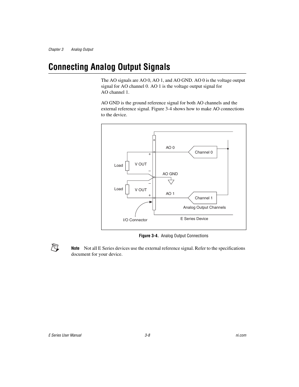 Connecting analog output signals, Figure 3-4. analog output connections, Connecting analog output signals -8 | National Instruments Data Acquisition Device E Series User Manual | Page 88 / 264