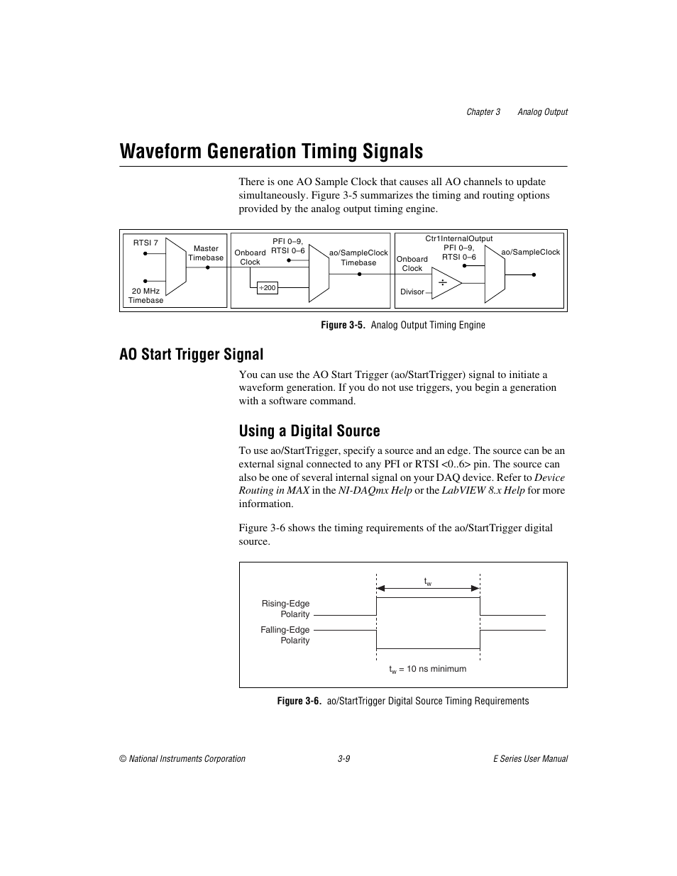 Waveform generation timing signals, Figure 3-5. analog output timing engine, Ao start trigger signal | Using a digital source, Waveform generation timing signals -9, Ao start trigger signal -9, Using a digital source -9 | National Instruments Data Acquisition Device E Series User Manual | Page 89 / 264
