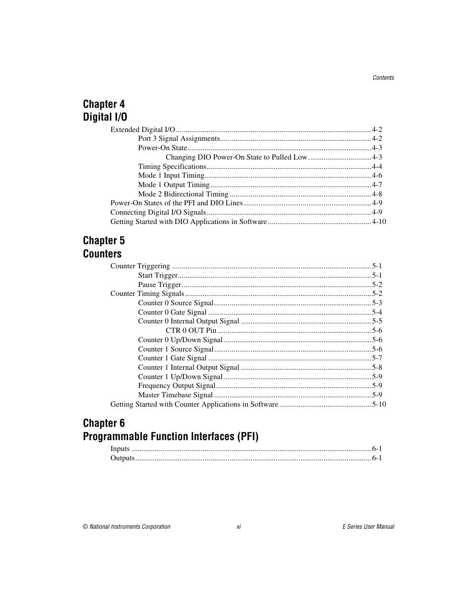 Chapter 4 digital i/o, Chapter 5 counters, Chapter 6 programmable function interfaces (pfi) | National Instruments Data Acquisition Device E Series User Manual | Page 9 / 264
