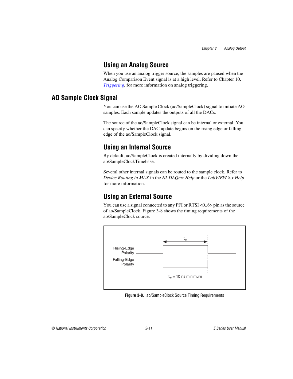 Using an analog source, Ao sample clock signal, Using an internal source | Using an external source, Using an analog source -11, Ao sample clock signal -11 | National Instruments Data Acquisition Device E Series User Manual | Page 91 / 264