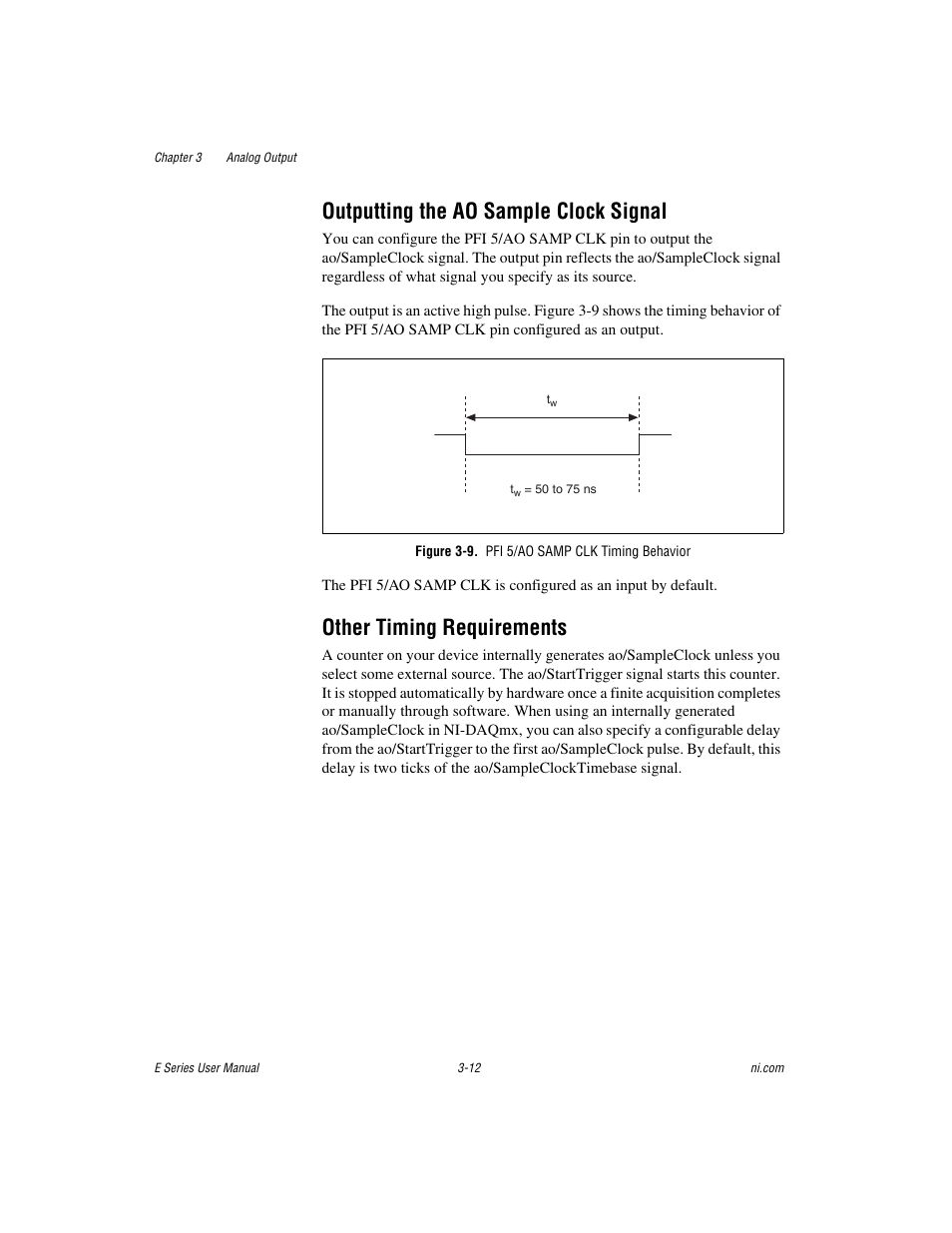 Outputting the ao sample clock signal, Figure 3-9. pfi 5/ao samp clk timing behavior, Other timing requirements | National Instruments Data Acquisition Device E Series User Manual | Page 92 / 264