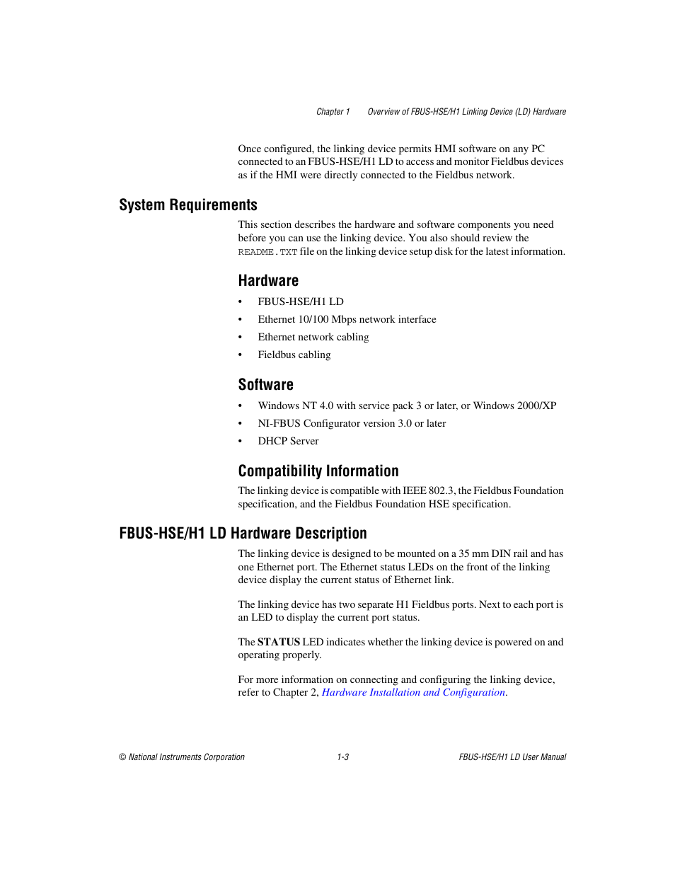 System requirements, Hardware, Software | Compatibility information, Fbus-hse/h1 ld hardware description, System requirements -3, Fbus-hse/h1 ld hardware description -3 | National Instruments Fieldbus User Manual | Page 11 / 41