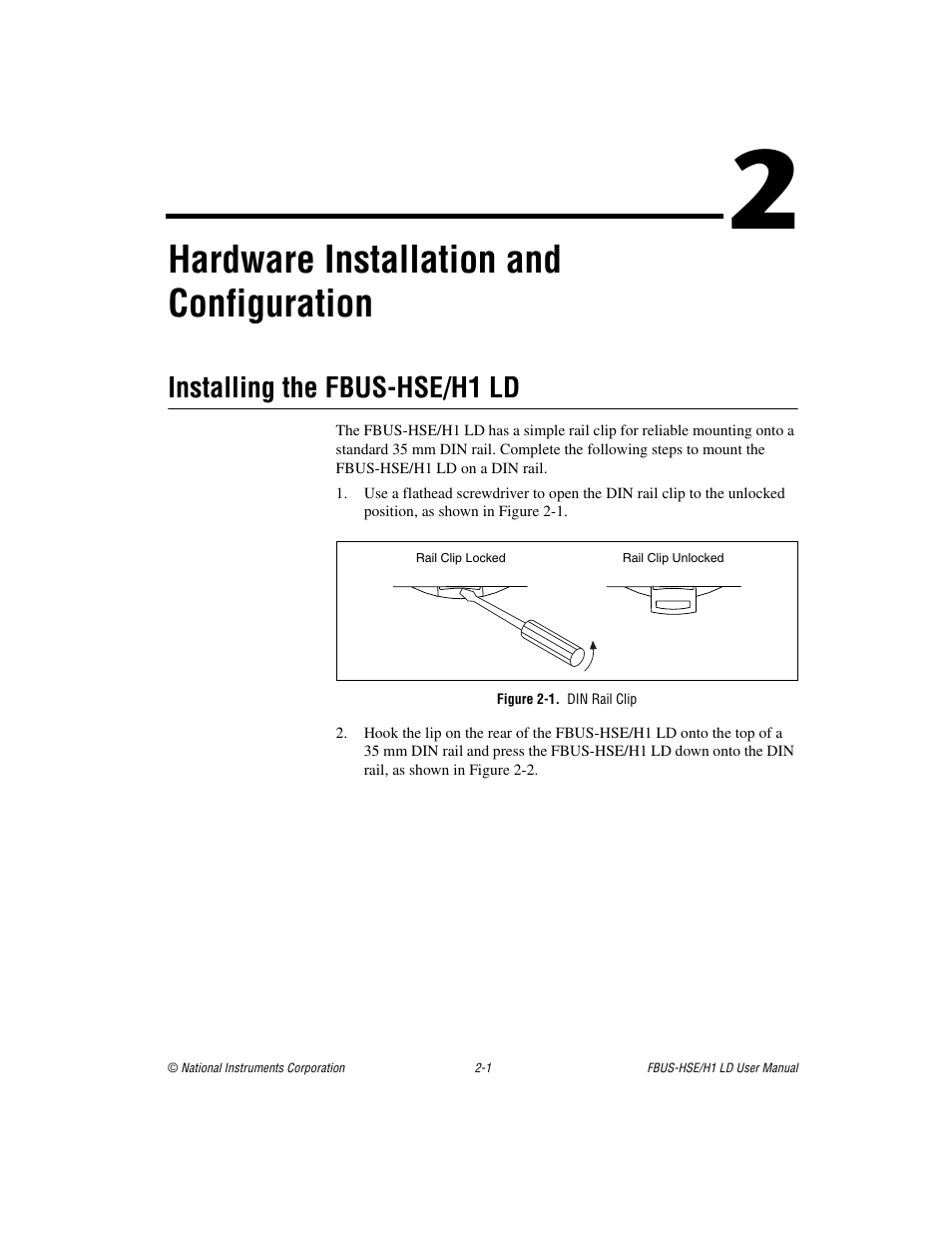 Chapter 2 hardware installation and configuration, Installing the fbus-hse/h1 ld, Figure 2-1. din rail clip | Installing the fbus-hse/h1 ld -1, Hardware installation and configuration | National Instruments Fieldbus User Manual | Page 12 / 41