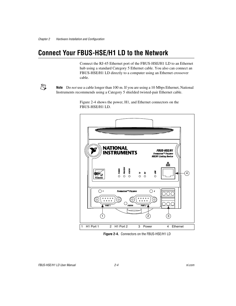 Connect your fbus-hse/h1 ld to the network, Figure 2-4. connectors on the fbus-hse/h1 ld, Connect your fbus-hse/h1 ld to the network -3 | National Instruments Fieldbus User Manual | Page 15 / 41