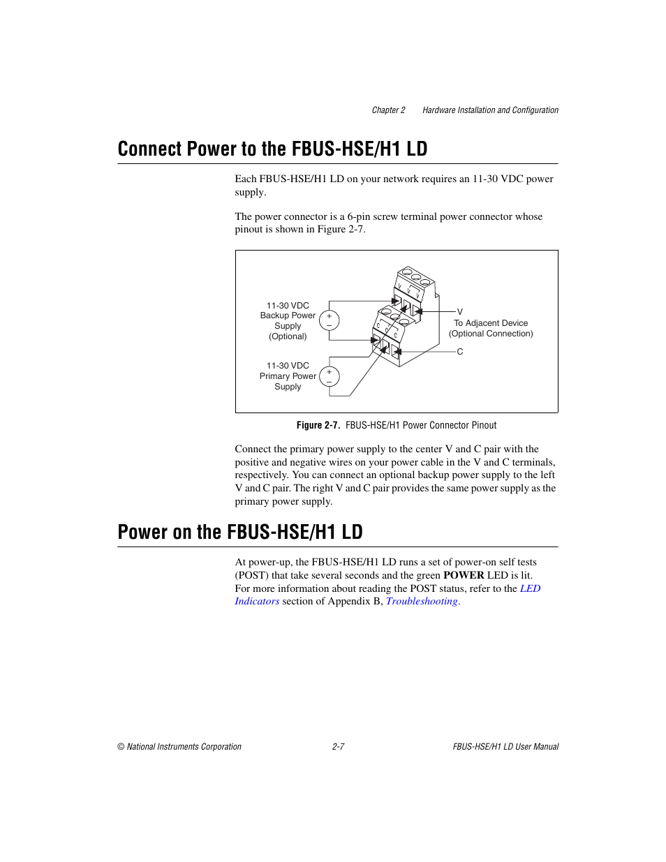 Connect power to the fbus-hse/h1 ld, Figure 2-7. fbus-hse/h1 power connector pinout, Power on the fbus-hse/h1 ld | National Instruments Fieldbus User Manual | Page 18 / 41