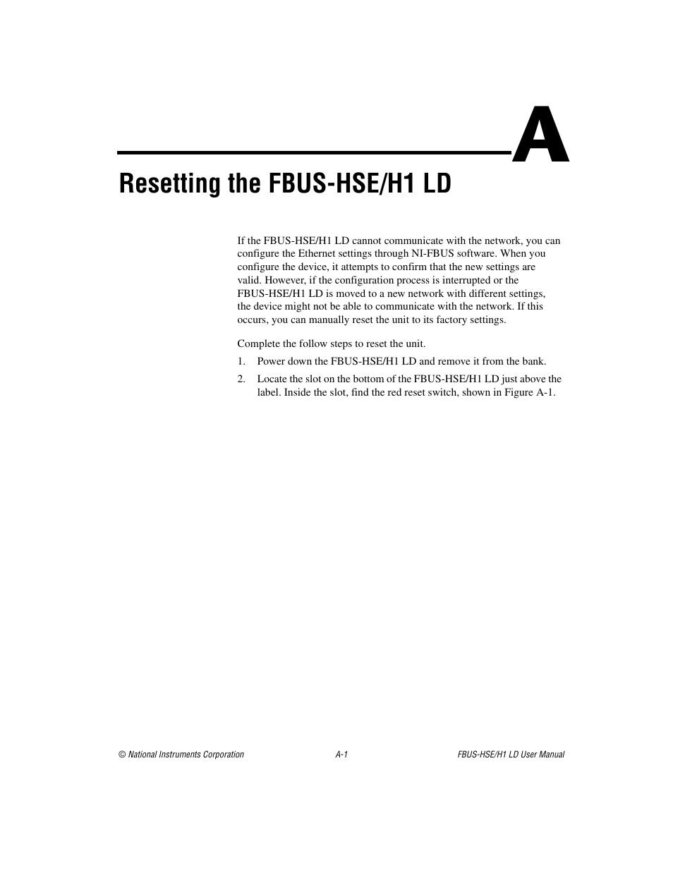 Appendix a resetting the fbus-hse/h1 ld, Resetting the fbus-hse/h1 ld | National Instruments Fieldbus User Manual | Page 19 / 41