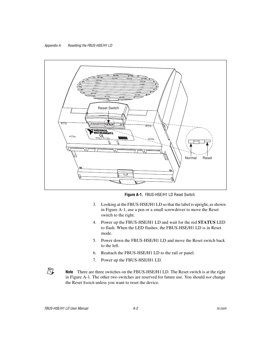 Figure a-1. fbus-hse/h1 ld reset switch | National Instruments Fieldbus User Manual | Page 20 / 41
