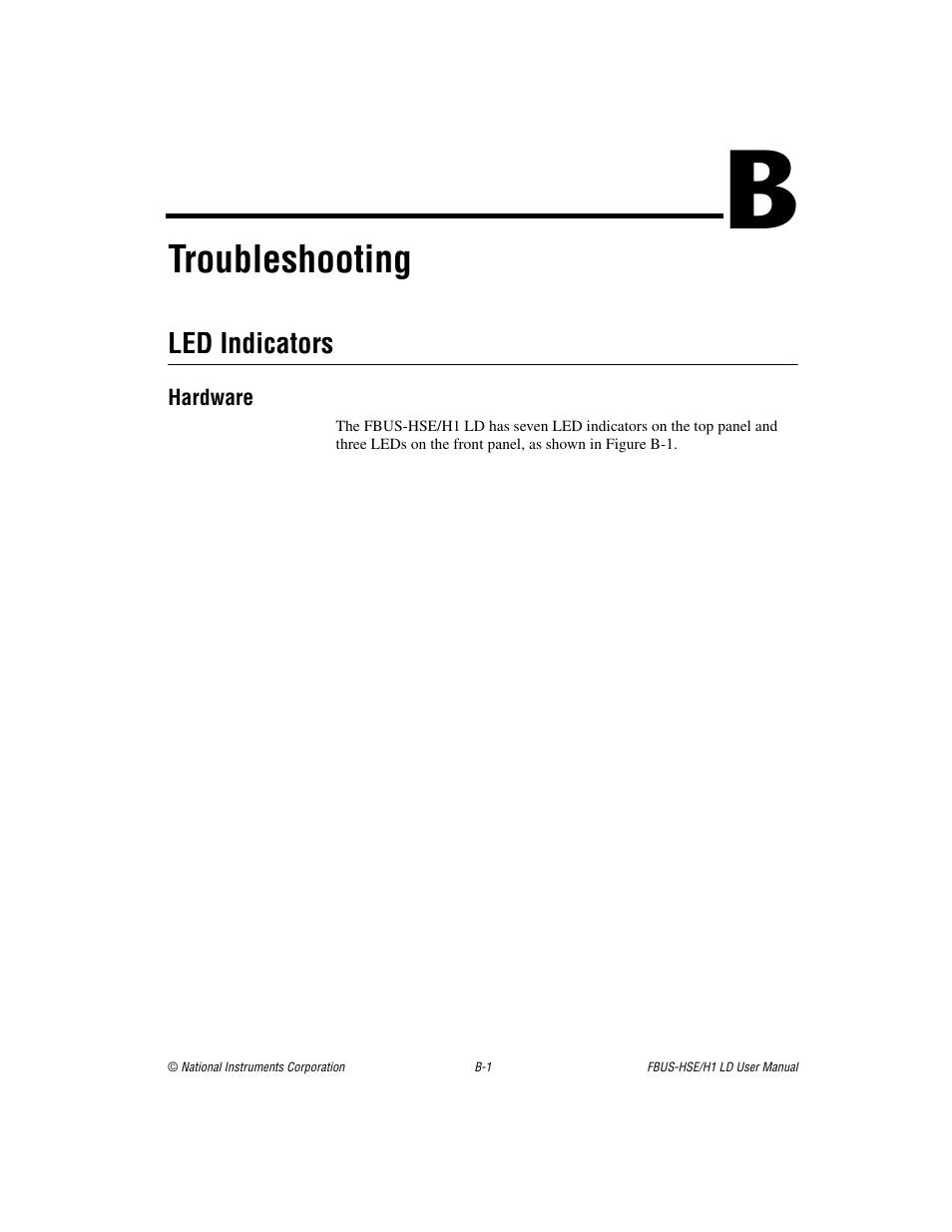 Appendix b troubleshooting, Indicators, Troubleshooting | National Instruments Fieldbus User Manual | Page 21 / 41