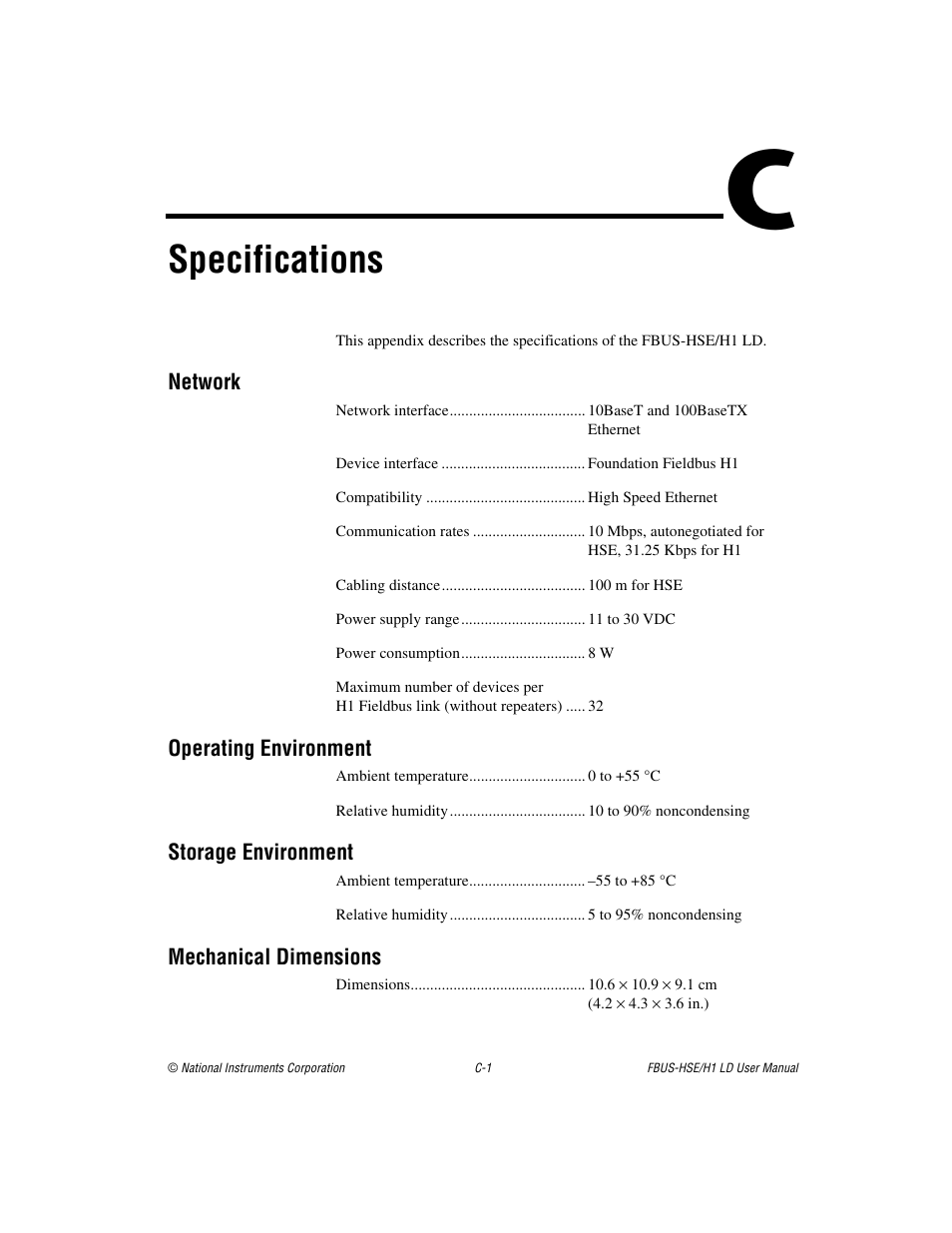 Appendix c specifications, Specifications | National Instruments Fieldbus User Manual | Page 26 / 41