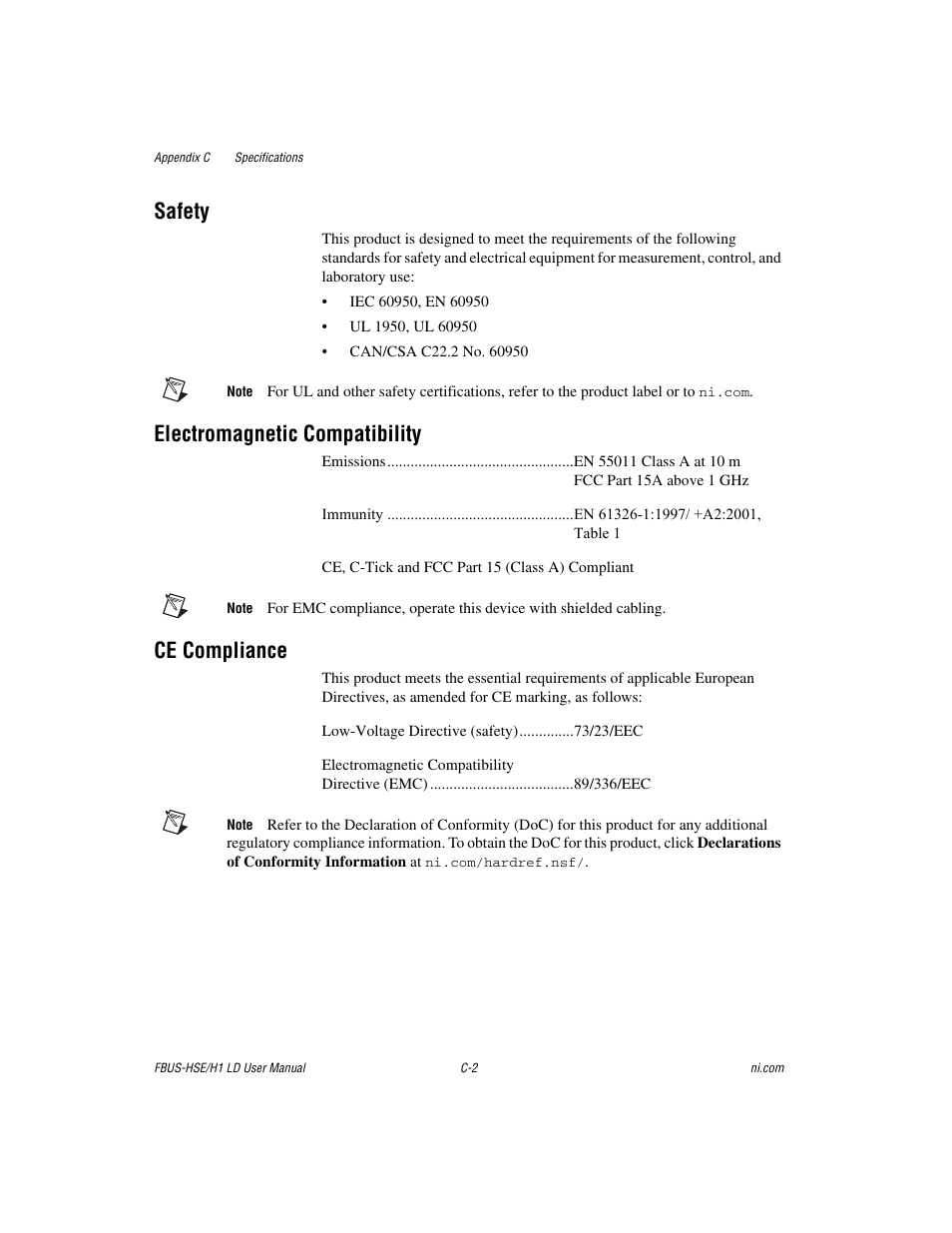 Safety, Electromagnetic compatibility, Ce compliance | National Instruments Fieldbus User Manual | Page 27 / 41