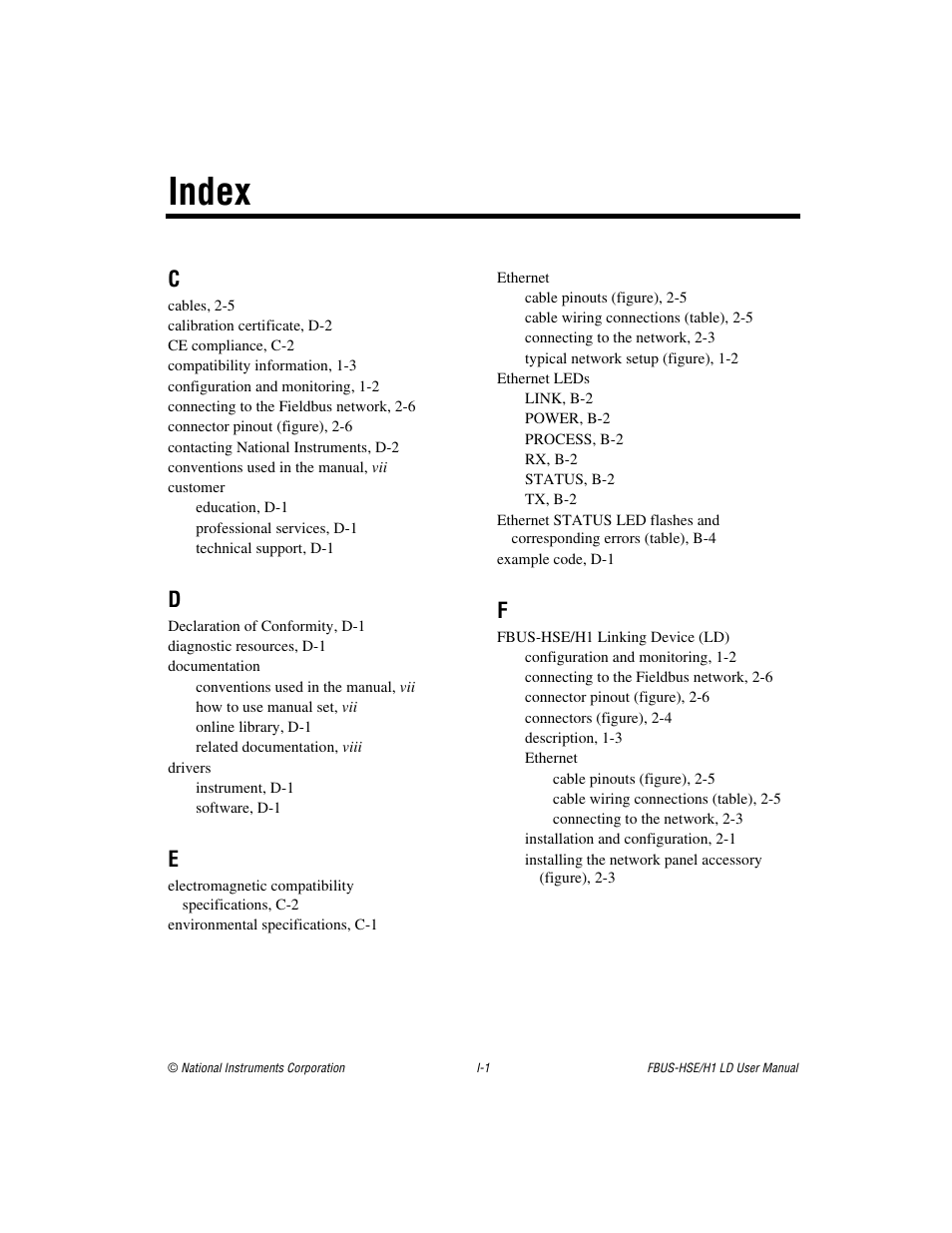 Index | National Instruments Fieldbus User Manual | Page 38 / 41