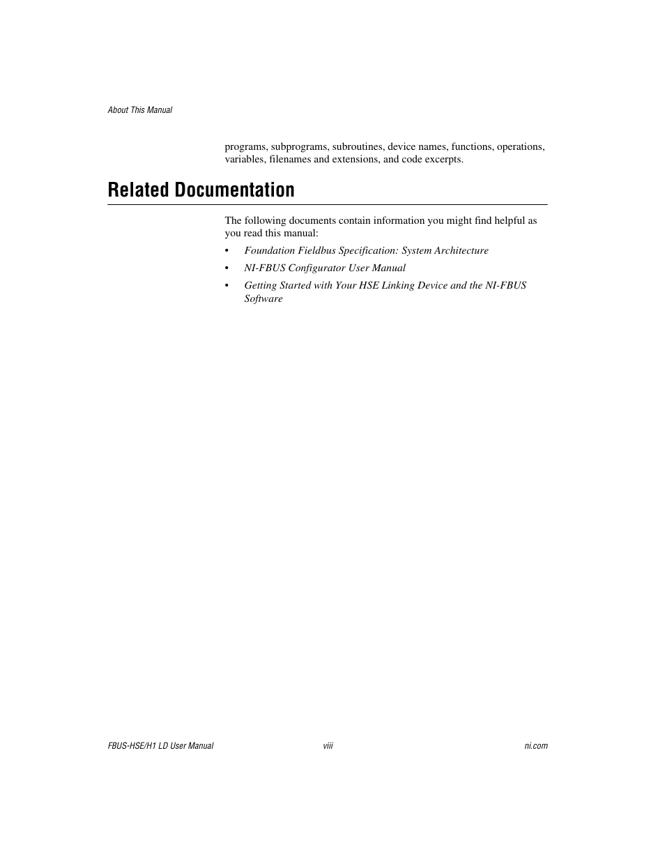 Related documentation | National Instruments Fieldbus User Manual | Page 8 / 41