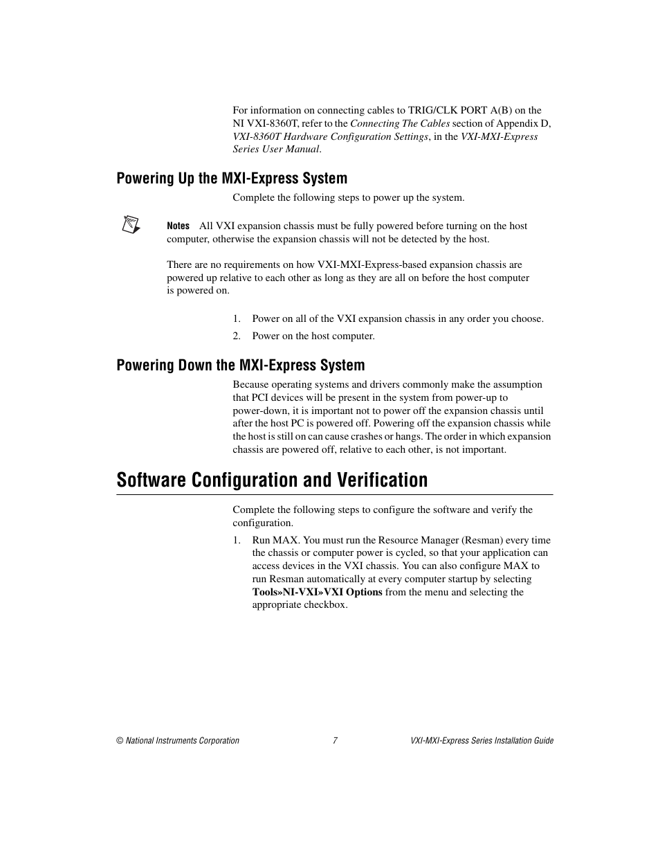 Powering up the mxi-express system, Powering down the mxi-express system, Software configuration and verification | National Instruments VXI-MXI-Express Series User Manual | Page 7 / 8