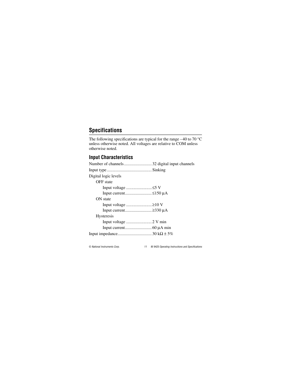 Specifications, Input characteristics | National Instruments NI 9425 User Manual | Page 11 / 22