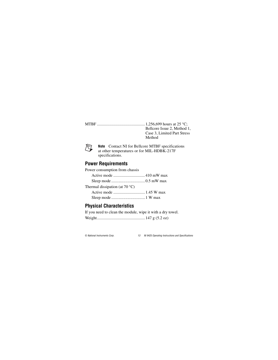 Power requirements, Physical characteristics | National Instruments NI 9425 User Manual | Page 13 / 22