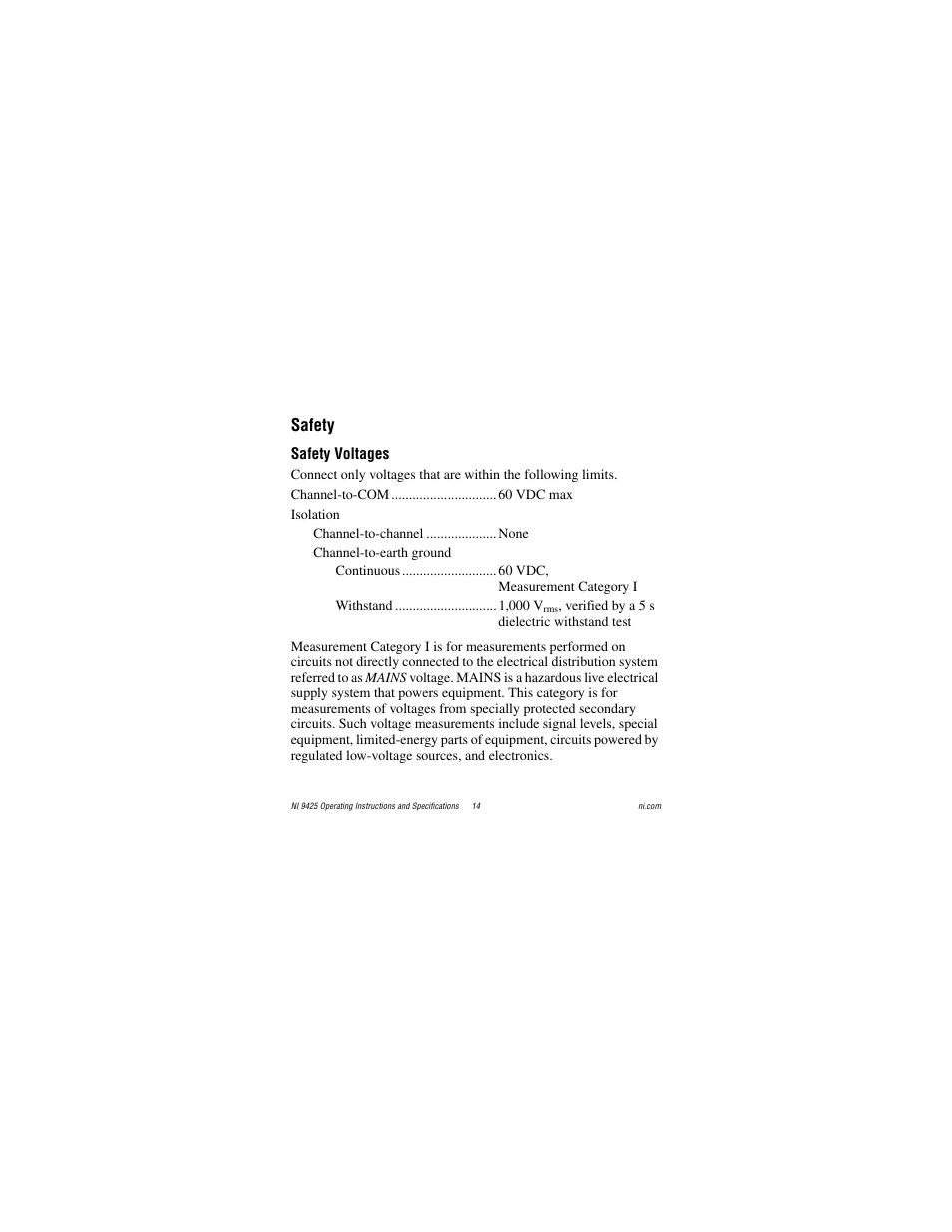 Safety, Safety voltages | National Instruments NI 9425 User Manual | Page 14 / 22