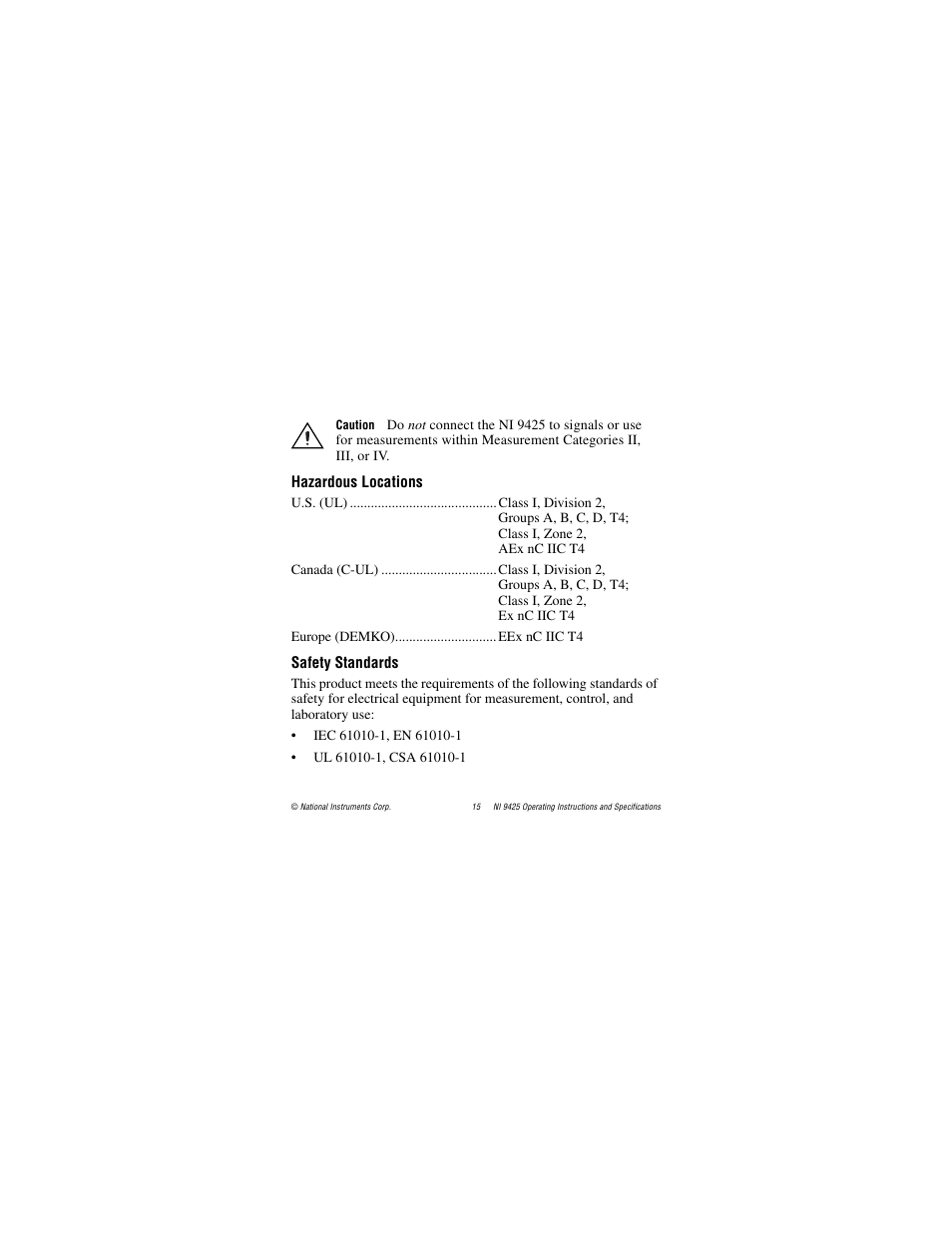 Hazardous locations, Safety standards | National Instruments NI 9425 User Manual | Page 15 / 22