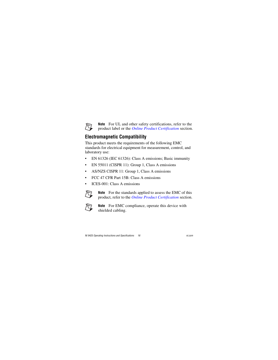 Electromagnetic compatibility | National Instruments NI 9425 User Manual | Page 16 / 22