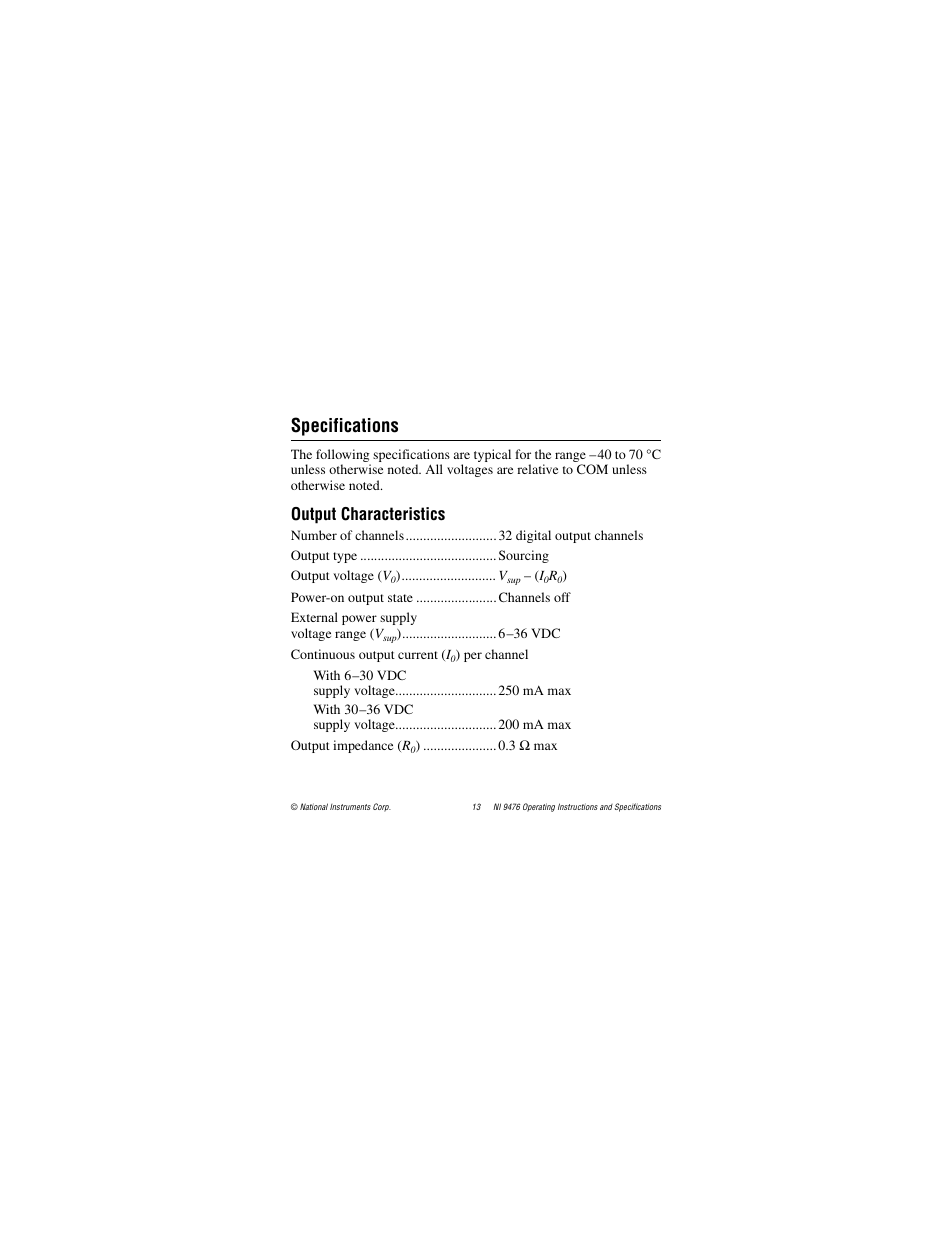 Specifications, Output characteristics | National Instruments NI 9476 User Manual | Page 13 / 24