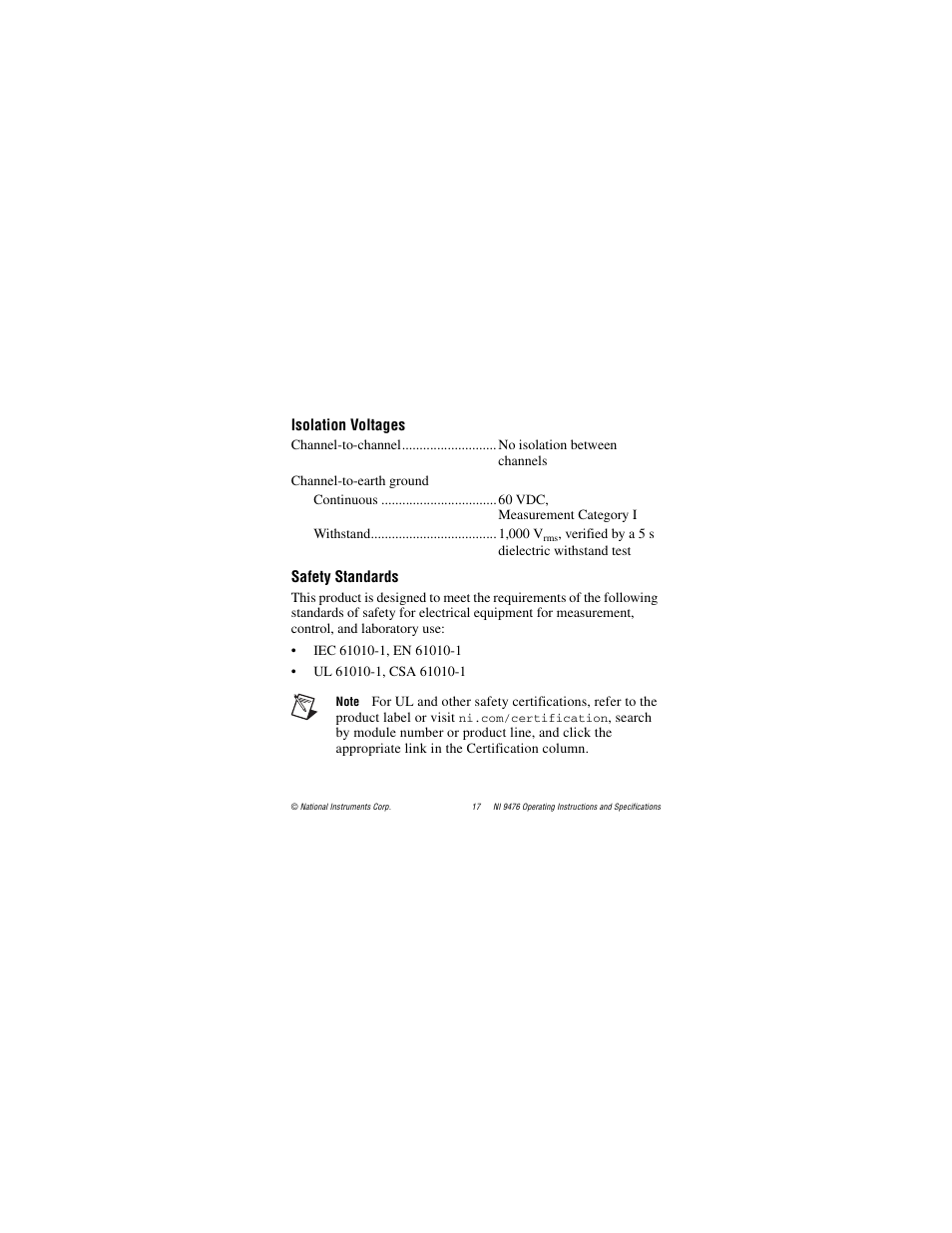 Isolation voltages, Safety standards | National Instruments NI 9476 User Manual | Page 17 / 24