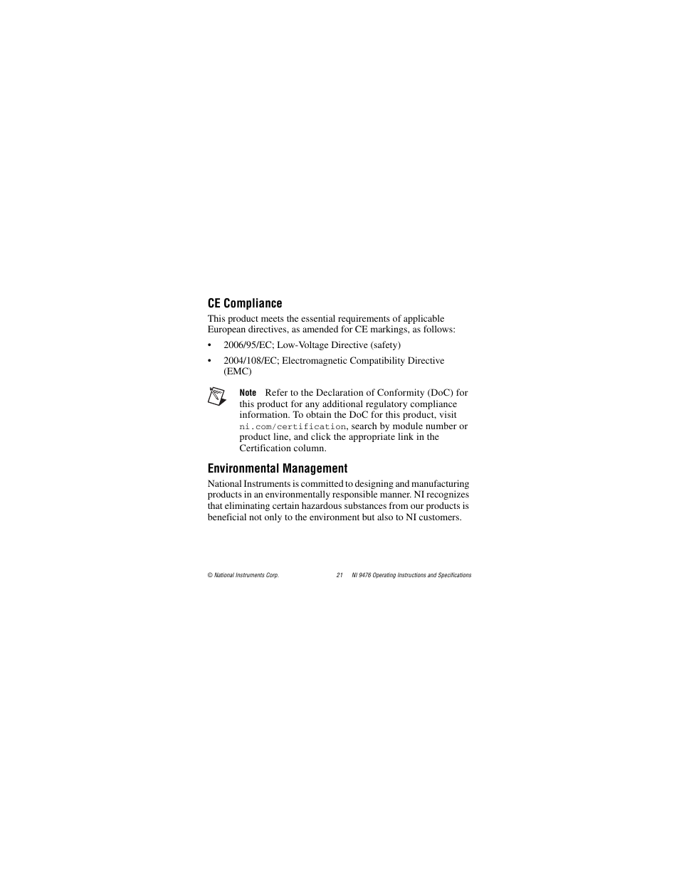 Ce compliance, Environmental management | National Instruments NI 9476 User Manual | Page 21 / 24