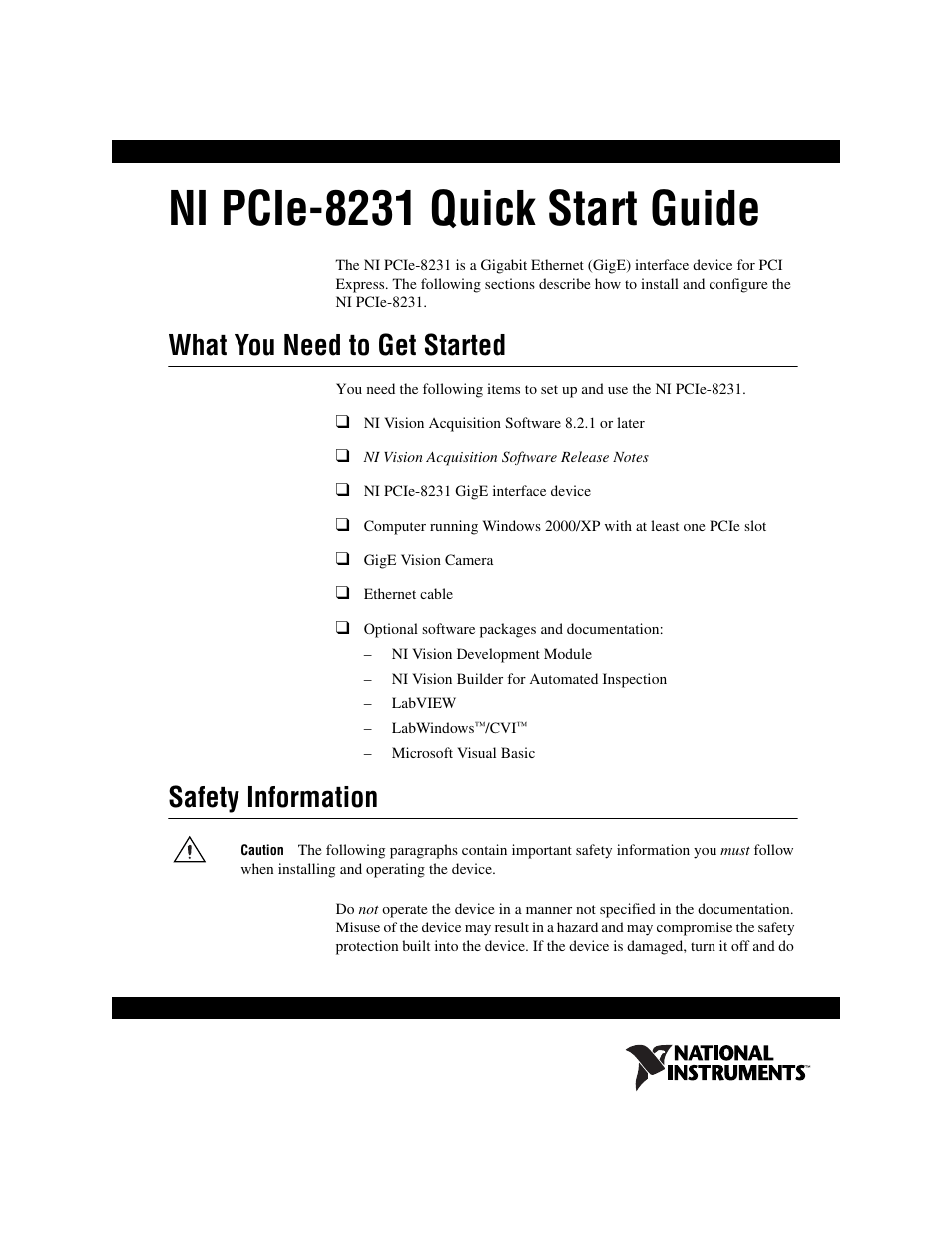 National Instruments Gigabit Ethernet (GigE) Interface Device NI PCIe-8231 User Manual | 11 pages