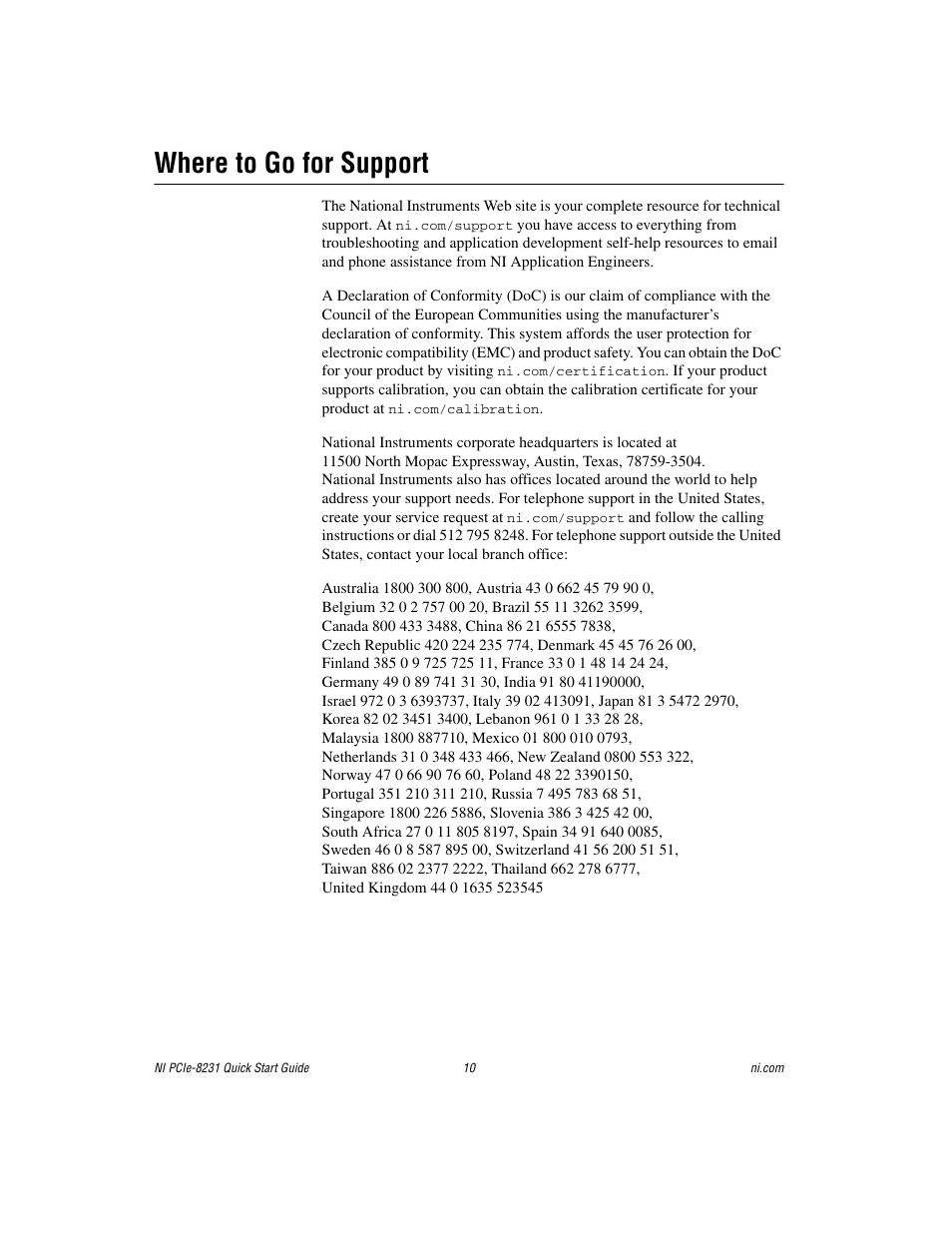 Where to go for support | National Instruments Gigabit Ethernet (GigE) Interface Device NI PCIe-8231 User Manual | Page 10 / 11