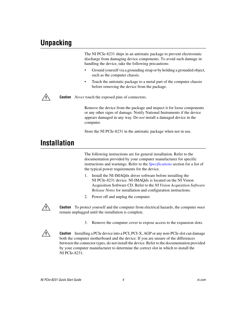 Unpacking, Installation | National Instruments Gigabit Ethernet (GigE) Interface Device NI PCIe-8231 User Manual | Page 4 / 11