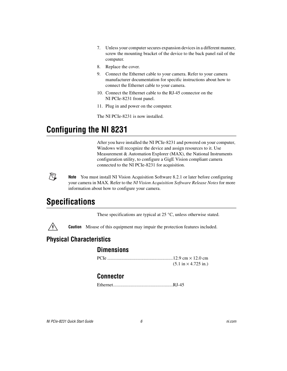 Configuring the ni 8231, Specifications, Physical characteristics | Dimensions, Connector, Physical characteristics dimensions | National Instruments Gigabit Ethernet (GigE) Interface Device NI PCIe-8231 User Manual | Page 6 / 11