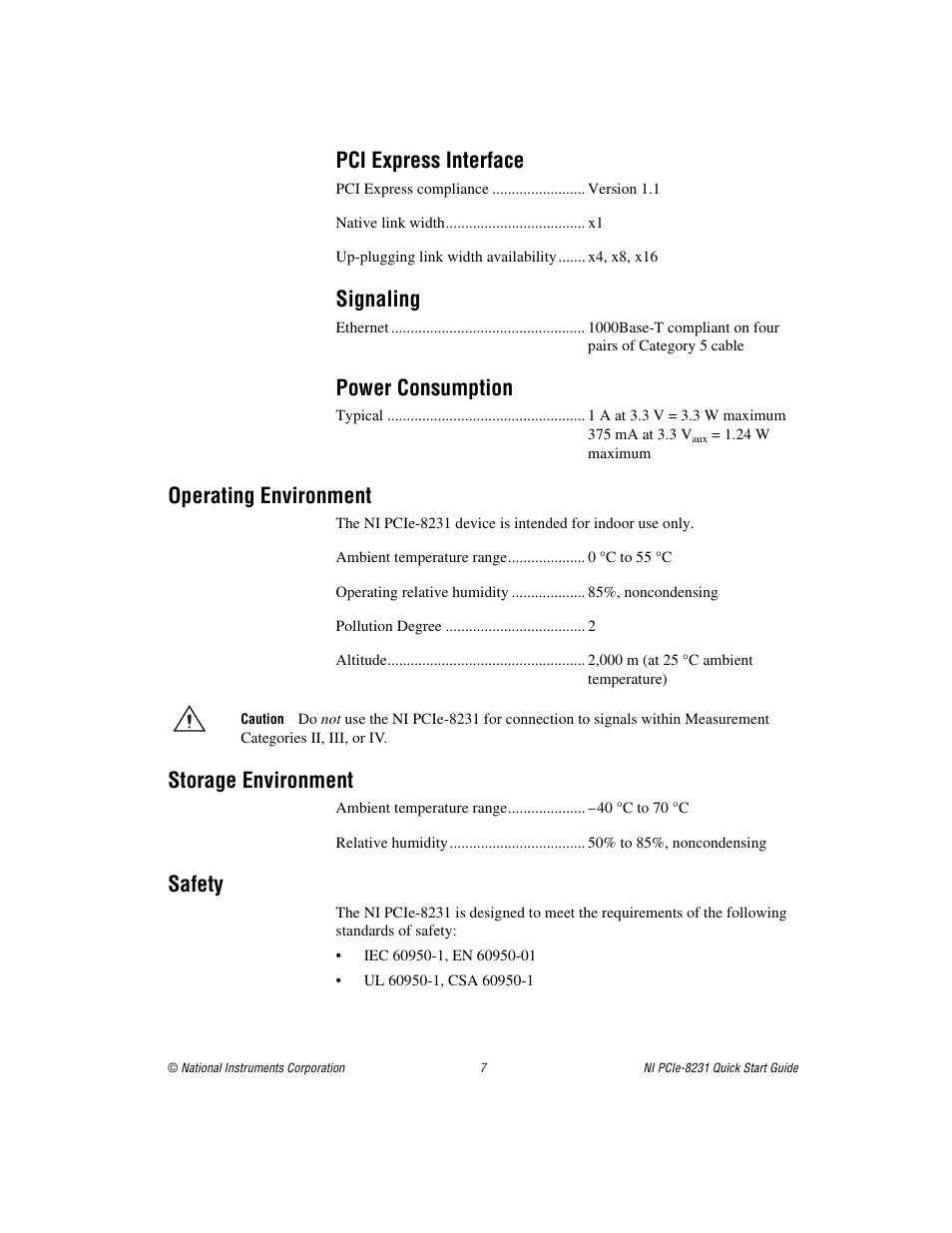 Pci express interface, Signaling, Power consumption | Operating environment, Storage environment, Safety | National Instruments Gigabit Ethernet (GigE) Interface Device NI PCIe-8231 User Manual | Page 7 / 11
