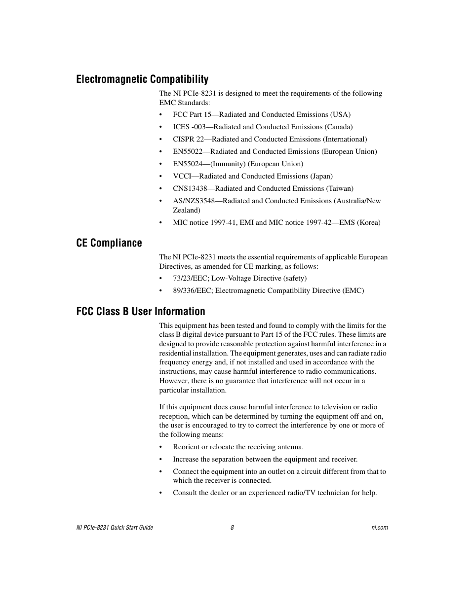 Electromagnetic compatibility, Ce compliance, Fcc class b user information | National Instruments Gigabit Ethernet (GigE) Interface Device NI PCIe-8231 User Manual | Page 8 / 11